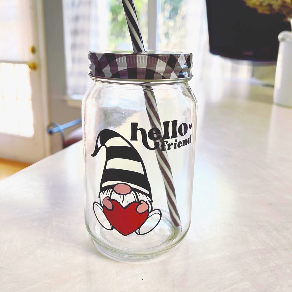 Mason jar with gingham lid and straw.  Gnome ~Hello friend. ❤️